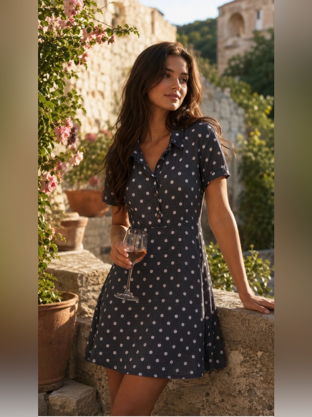 100% Linen Polka Dot Dress Made in Italy French Girl Coastal Chic European, M